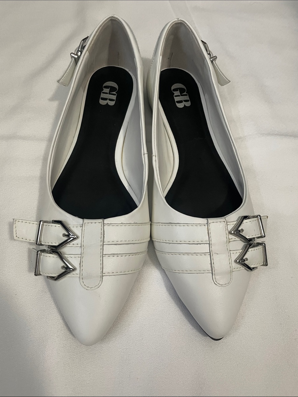 Gianni Bini White Pointed-Toe Double Buckle Flats